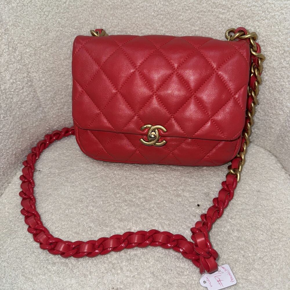 Chanel Lambskin Quilted Small Lacquered Chain Flap Bag - Red